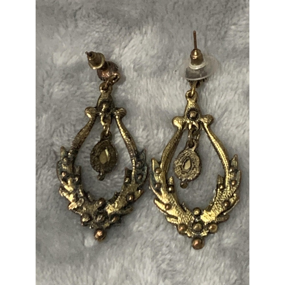 Vintage Style Laurel Wreath Dangle Teardrop Earrings Gold Tone Green Rhinestones - Picture 6 of 15